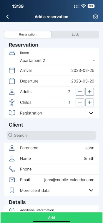 Snímek obrazovky aplikace mobile-calendar
